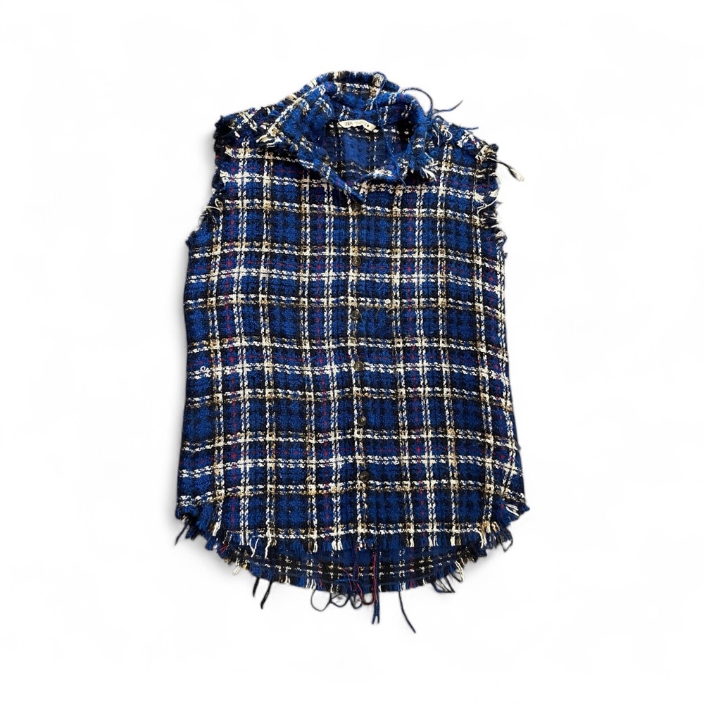 Zara Blue Plaid Sleeveless Vest Top Fringe Hem Size XL
